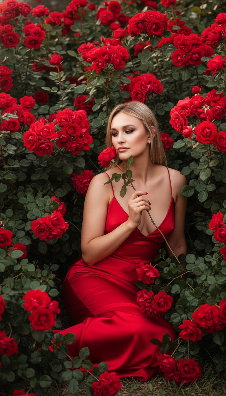 Пример генерации изображения нейросетью - Девушка среди красных роз